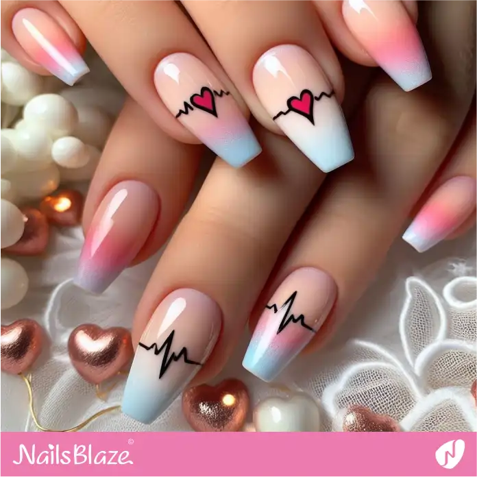 Bright Ombre Nails Heart Beat Design | Valentine Nails - NB2378